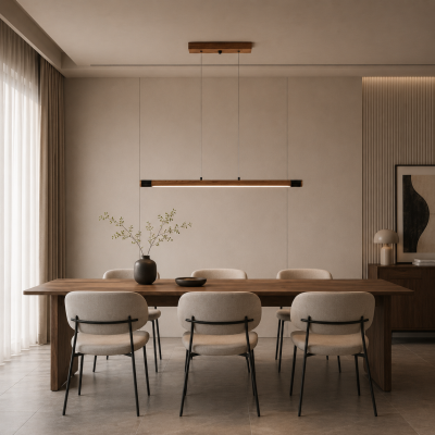 Line LED lighting Wooden walnut long chandelier